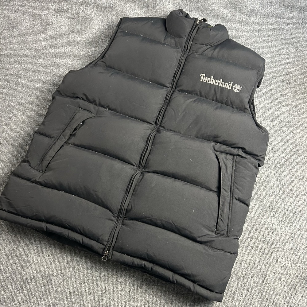 Timberland Vest Mens Large Black Down Puffer Quilted Logo Outdoor Hiking Zip